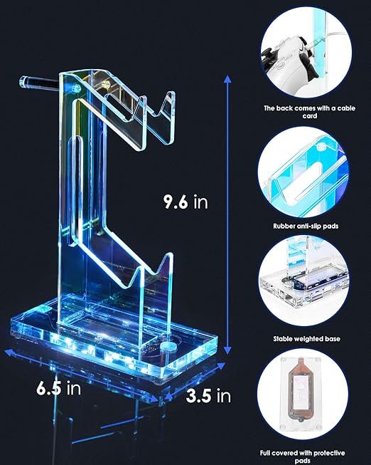 OAPRIRE Headset and Controller Stand with Lights, 2 Tier Acrylic Game Controller Holder, Controller and Headset Stand for Desktop,Universal Design Compatible with PS5/PS4/XBOX/SWITCH (Clear)