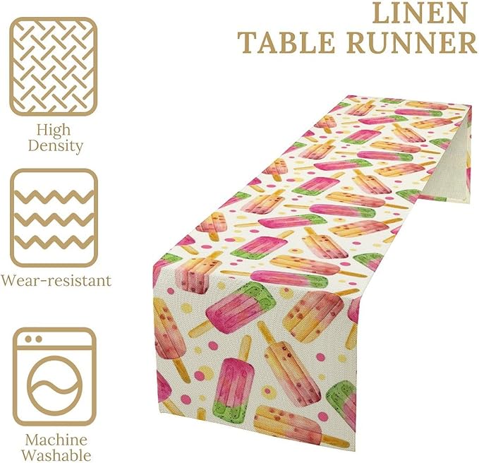 Ice Cream Popsicles Table Runner, Watercolor Summer Seasonal Fruit Peach Kiwi Berry Popsicles Orange Pink Sweet Dessert Dinner Runner for Party Holiday Home Kitchen Dining Table Decor 13"x60"