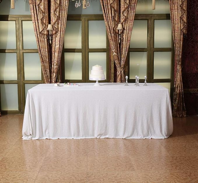 SquarePie Sequin Tablecloth 90 x 132 Inch White Sparkly Table Cloth for Wedding Party