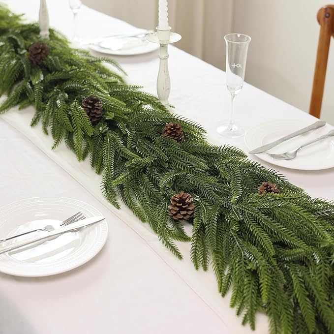 6FT Christmas Norfolk Pine Garland -1PCS, Artificial Pine Needles Garlands Faux Greenery Fake Garland for Holiday Fireplace,Table,Window,Stairs,Mante,Indoor Outdoor Decor