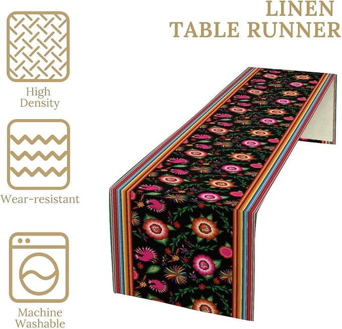 Mexican Table Runner,Colorful Flowers Cinco De Mayo Decor Table Runner for Kitchen Dining Table Home Party Decoration 13x90 Inch
