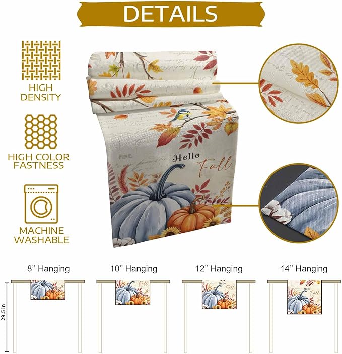 Thanksgiving Fall Cotton Linen Table Runner for Dining Kitchen, Blue Pumpkins Rustic Wedding Outdoor Party Autumn Tablerunners Decoration, Leaves Dresser Scarf Coffee Tablecloth Runners 13x108 Inches