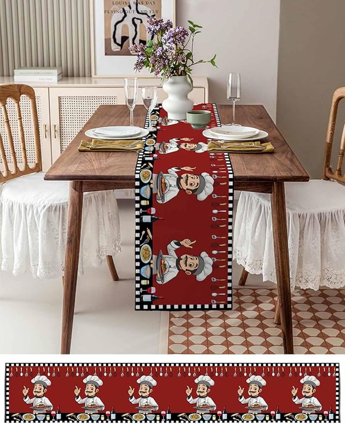 Red Chef Gourmet Cotton Linen Table Runner for Dining Kitchen, Wedding Outdoor Party Tablerunners Decoration, Black White Check Plaid Funny Kitchen Dresser Scarf Coffee Tablecloth Runners 13x90 Inches