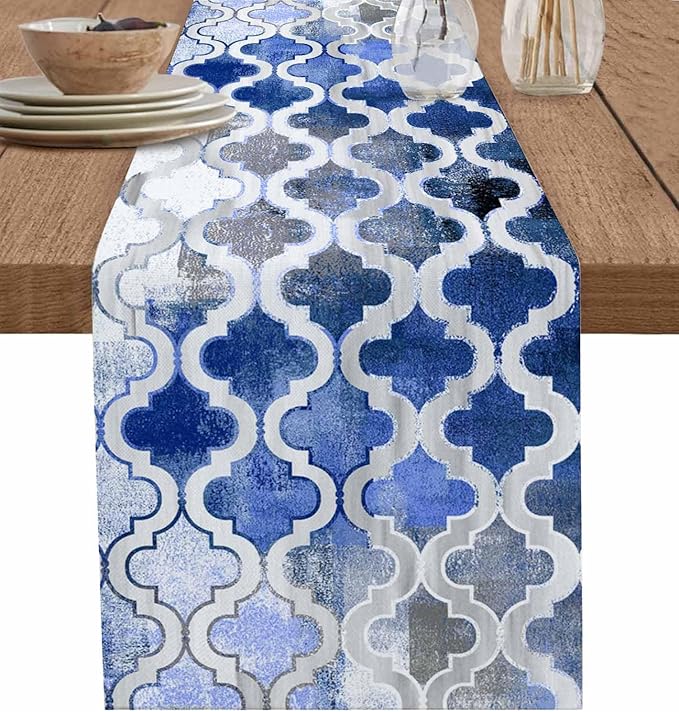Blue Morocco Plaid Cotton Linen Table Runner for Dining Kitchen, Wedding Outdoor Party Tablerunners Decoration, Distressed Abstract Painted Vintage Dresser Scarf Coffee Tablecloth Runners 13''x120''