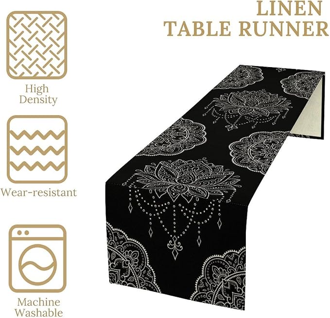 Lotus Flower Table Runner, Bohemian Ethnic Oriental Mandala Black White Floral Print Table Runner for Home Kitchen Dining Indoor Outdoor Dinner Party Decor, 13x120inch