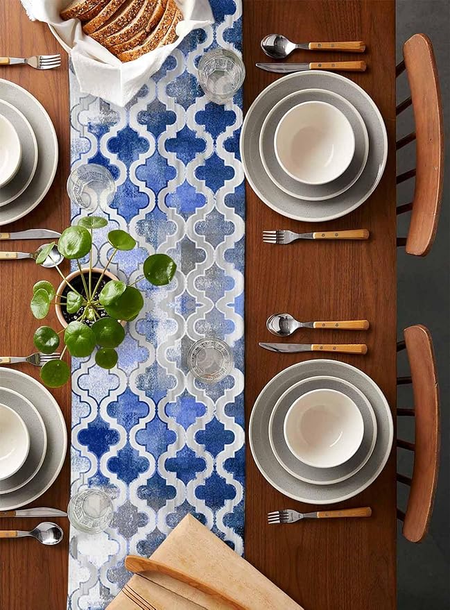 Blue Morocco Plaid Cotton Linen Table Runner for Dining Kitchen, Wedding Outdoor Party Tablerunners Decoration, Distressed Abstract Painted Vintage Dresser Scarf Coffee Tablecloth Runners 13x90 Inches