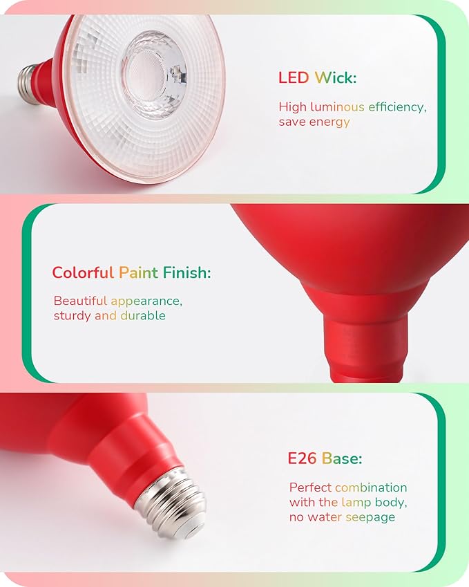 PAR38 Red and Green LED Flood Bulbs, 18W Dimmable, IP65 Outdoor 2-Pack