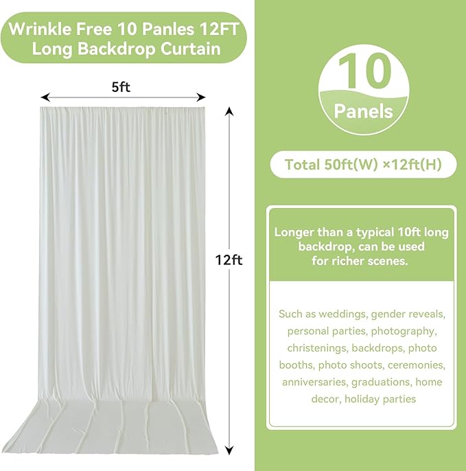 leegleri 50ftx12ft Wrinkle Free Ivory Backdrop Curtain, 10 Panels 12FT Height Ivory Wedding Backdrop Drapes, Silky Polyester Back Drop Cloth for Birthday Photography Background Party Backdrop Draping