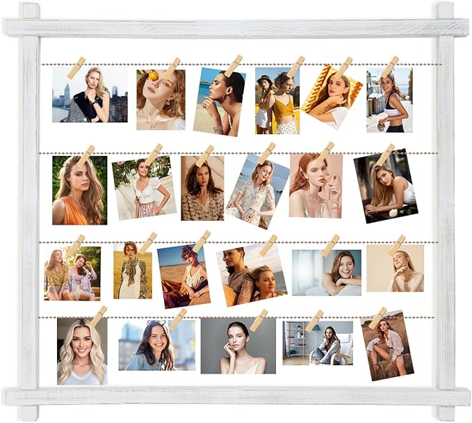 Collage Picture Frame,Photo Display Board,Hanging Pictures Frames with Clips for Graduation Birthday Party,Dorm Photo Card Wall Decor Hanger Holder,Upgraded,Easy To Assemble,Large(White）
