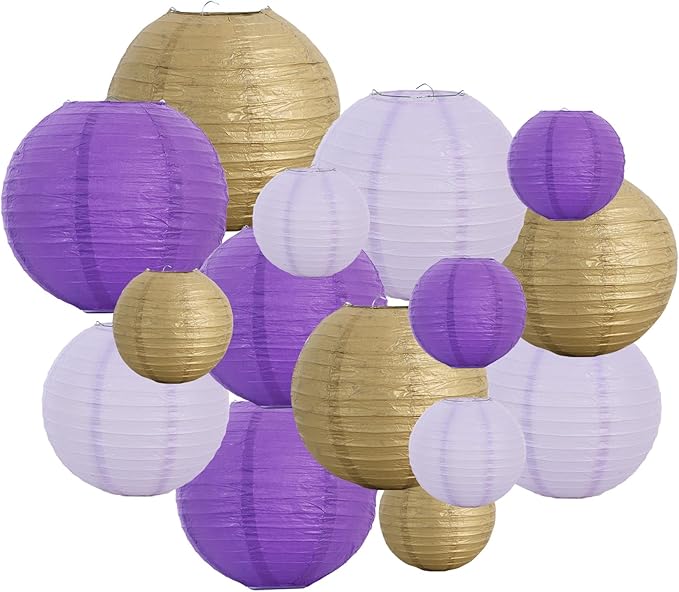 Round Paper Lanterns in Purple, Gold and Lavender, 16 Count Mixed Sizes
