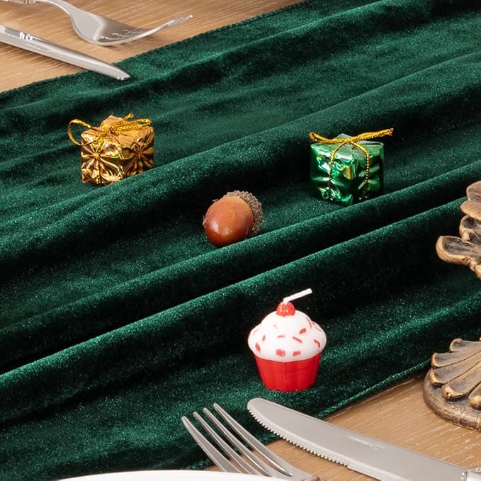 MLMC 2 Pack Emerald Green Velvet Table Runner 10ft Luxury Dark Green Velvet Fall Table Runner 20x120 Inches Glossy Wedding Table Runner for Bridal Shower Birthday Party Gathering Decor