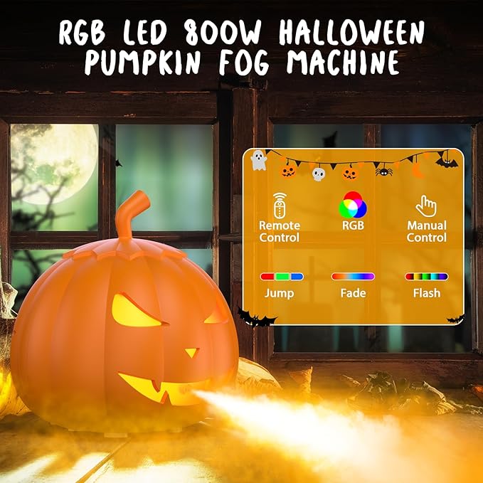 Fog Machine with LED RGB Lights, 800W Halloween Fog Machine with Remote Control, Pumpkin Smoke Machine 12 Colors Lighting Effect for Halloween Band DJ Show Club Outdoor Camping, 3 Pack