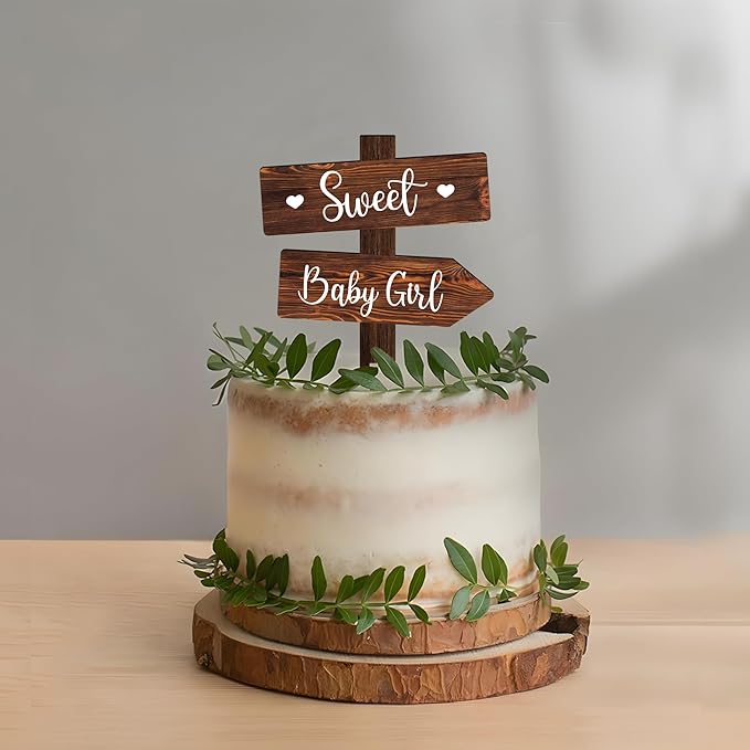 Cake Topper, Wood Baby Girl Design, 5.3 x 7.3 Inch Rustic Party Decor