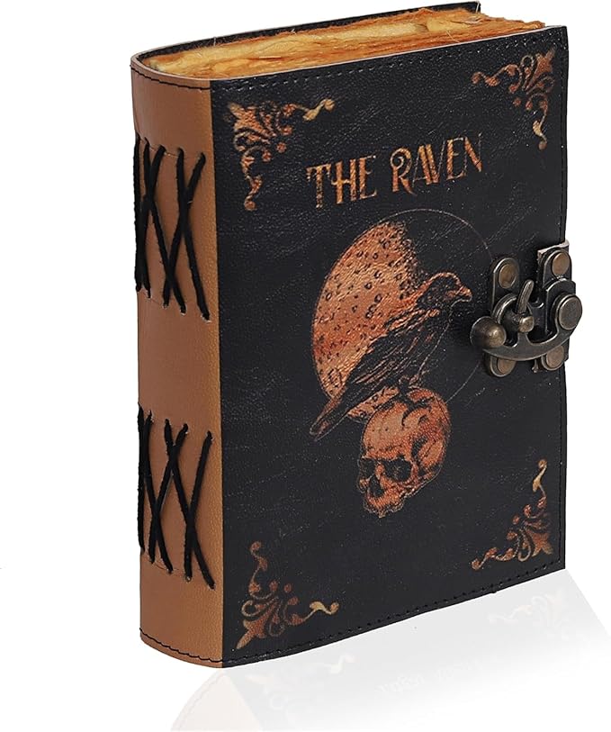 Leather Gothic Journal Magical Raven Skull Spiral Notebook Mystery Crow Journal Grimoire Witchcraft Spellwork Journal Great for Halloween and Raven Lovers Aesthetic Leather Journal for Men and Women (10 x 7 inches)