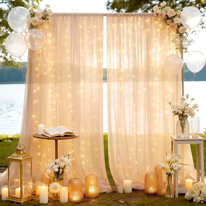 10×10ft Tulle Backdrop Curtains with Lights String - 300LED Fairy Lights Sheer Curtain Backdrop for Weddings Baby Shower and Birthday Party Decorations(2 Panels 5×10ft)