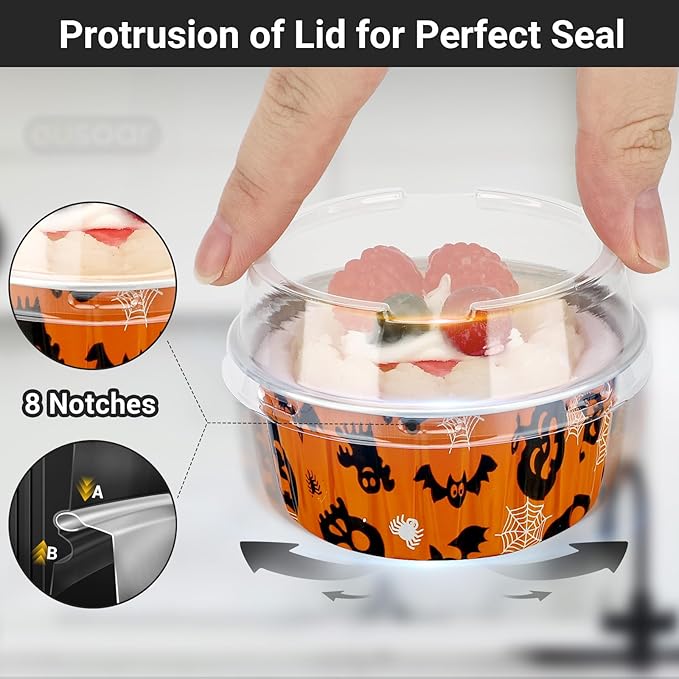 Mini Cheesecake Baking Cups, 100 Count, 5 oz, Orange and Black with Clear Lids