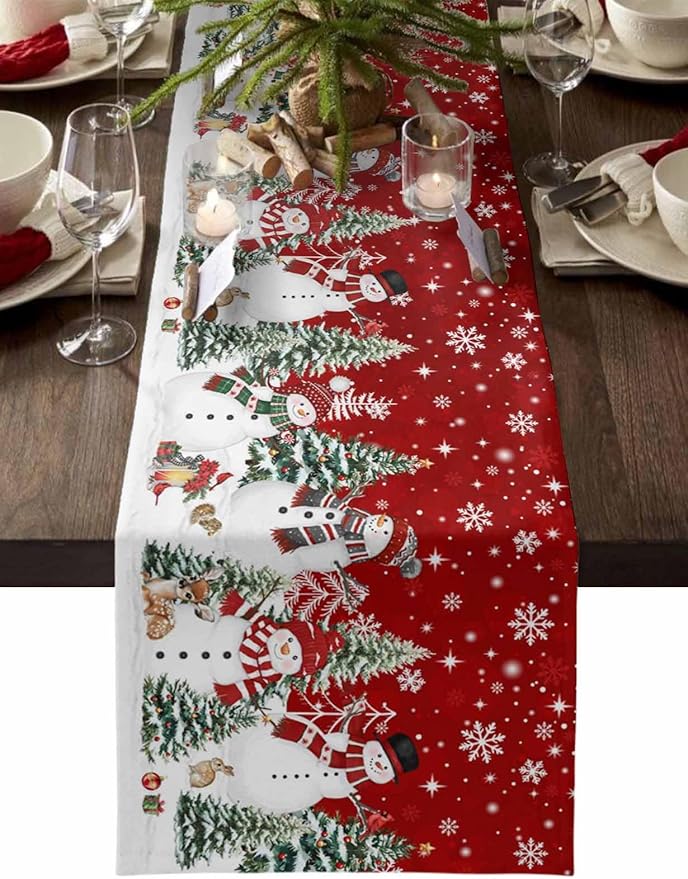 Christmas Snowman Cotton Linen Table Runner for Dining Kitchen, Xmas Tree White Snowflakes Winter Wedding Outdoor Party Tablerunners Decoration, Dresser Scarf Coffee Tablecloth Runners 13x36 Inches