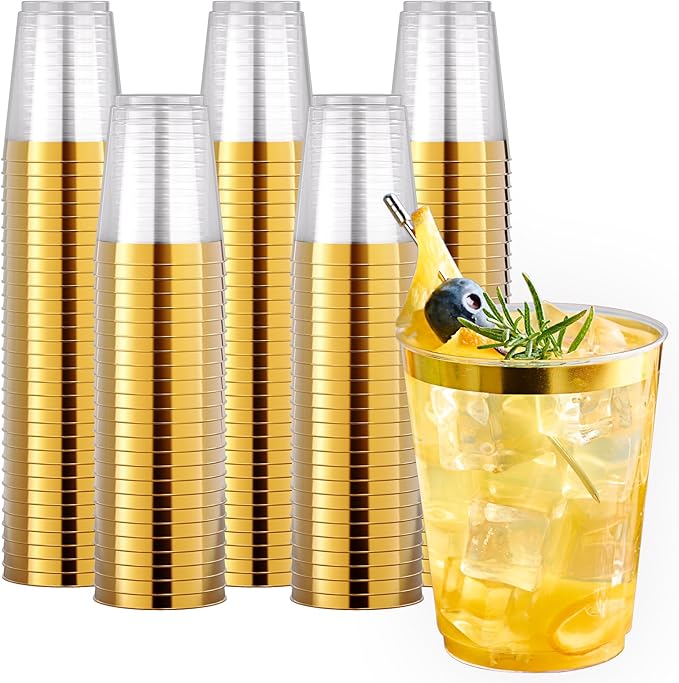 Plastic Cups with Metallic Gold Rim, 10 oz, 200 Count