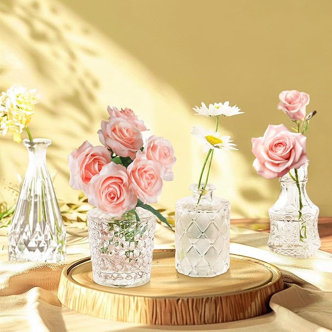 Glass Bud Vases Set of 12, Vintage Small Vases for Flowers, Clear Crystal Mini Glasses in Bulk, Small Flower Design for Centerpieces Wedding Decorations Home Flower Party Decor