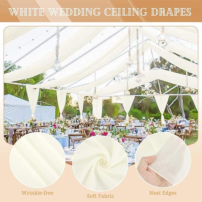 4 Panels Ivory Ceiling Drapes for Wedding 5ftx20ft Sheer Drapery Chiffon Fabric Arch Draping Curtains for Party Ceremony Birthday Baby Shower Reception Stage Ceiling Decorations