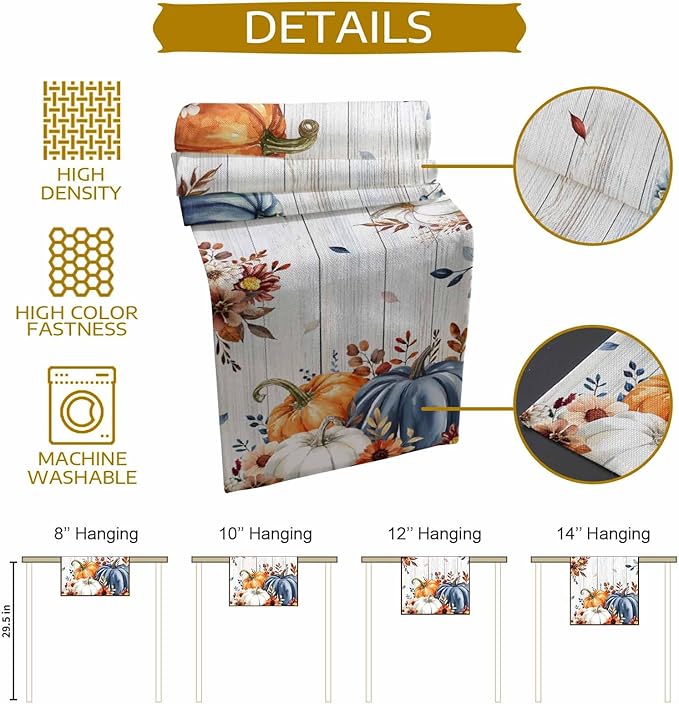 Thanksgiving Fall Cotton Linen Table Runner for Dining Kitchen, Pumpkins Eucalyptus Wedding Outdoor Party Tablerunners Decoration Farmhouse Wooden Dresser Scarf Coffee Tablecloth Runners 13x120 Inches