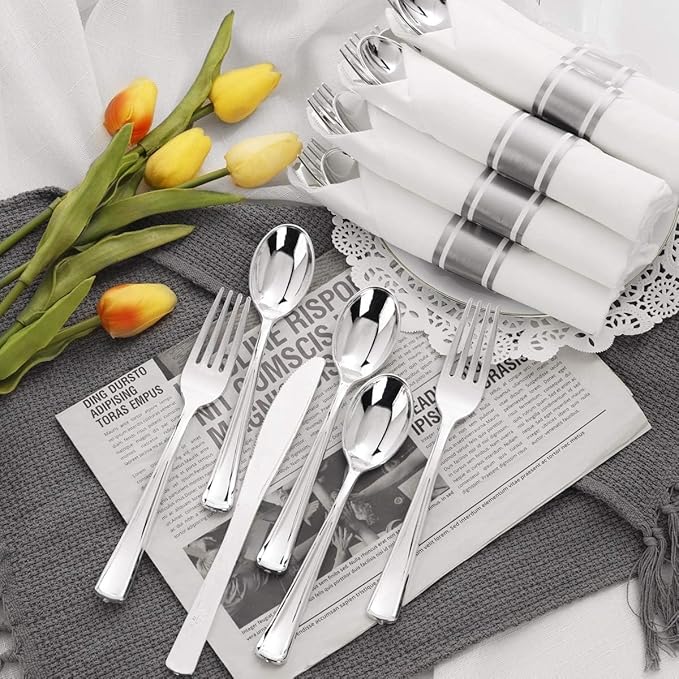 200Guests Pre Rolled Silver Plastic Silverware Sets - Heavy Duty Silver Cutlery - Include 200 Pack Wrapped Disposable Utensils with Napkins for Parties & Dinners & Weddings
