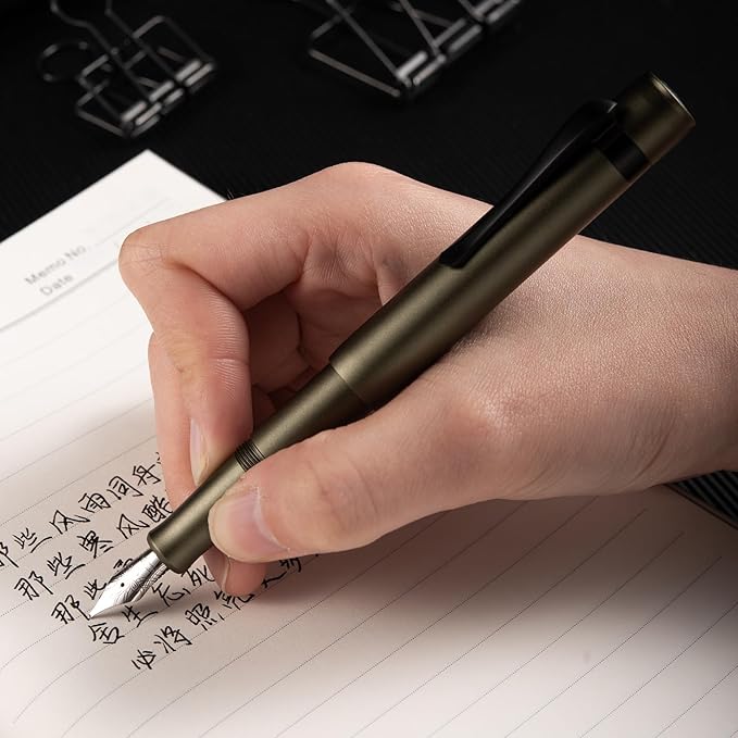 Hongdian M2 Black Forest Mini Fountain Pen, Fine Soft Nib & Sleek Shape Aluminium Short Pocket Travel Pen (Army Green)