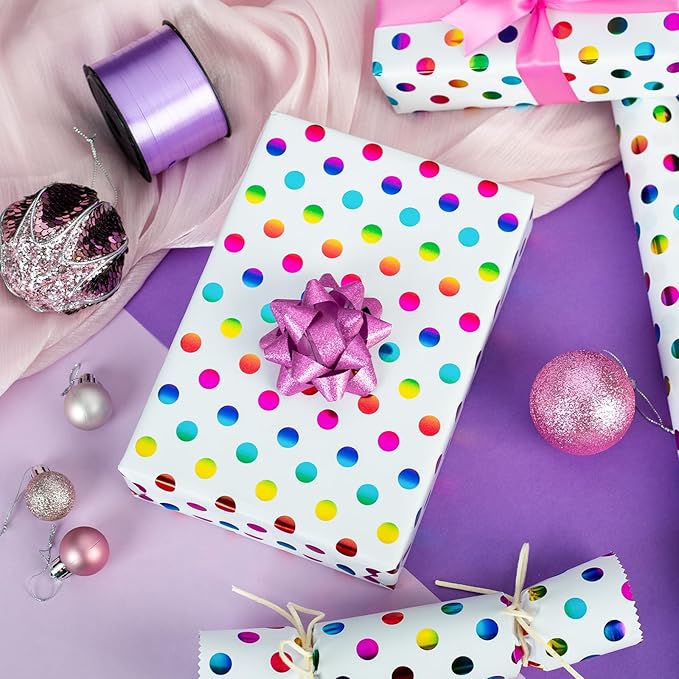 Burymento Rainbow Dots Wrapping Paper, Gift Wrap for Birthday, Valentines, Mothers day, Graduation, Wedding, Fathers day, Baby Shower, Christmas (17in x 32.8ft)