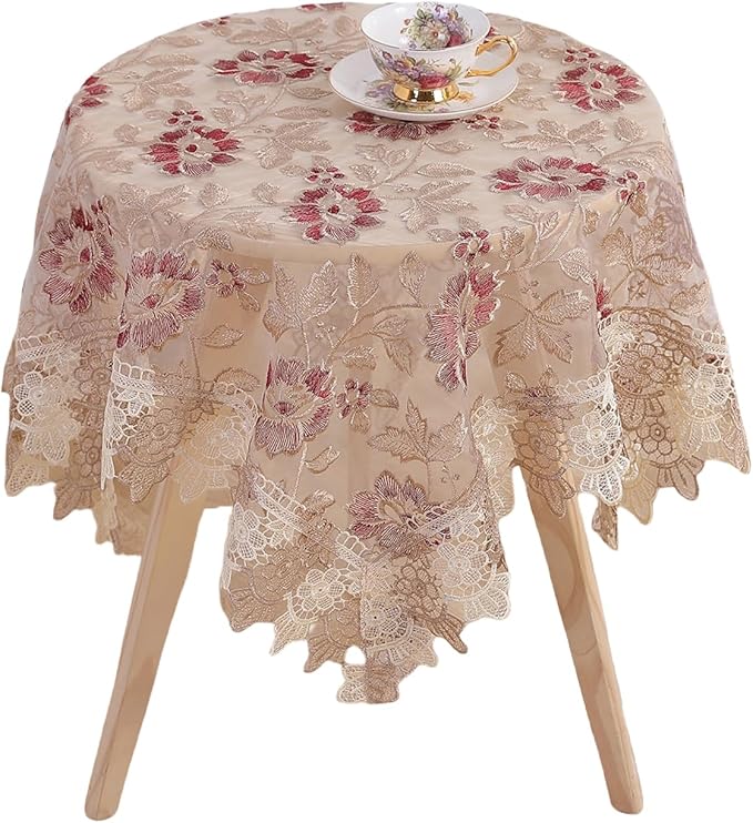 Lace Floral Tablecloth Round Lace Vintage Decorative Exquisite Border Table Cover for Party Wedding Home Decorations, Round-48, Red