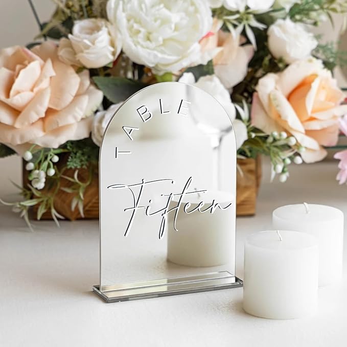 JINMURY Sliver Arch Wedding Table Numbers 1-20 with Stands, 5x7 Inch Acrylic Arch Sign with White Lettering, Sliver Mirror Acrylic Table Numbers for Wedding Reception