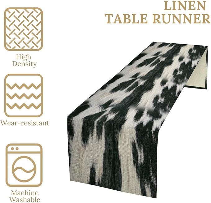 Rustic Cow Skin Print Table Runner, Country Farm Animal Fur Skin Pattern Western Style Brown Cowhide Print Cotton Linen Cottage Dinner Runner for Home Kitchen Dining, 13x36 Inch