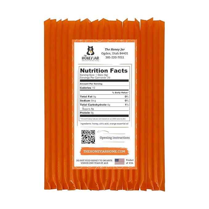The Honey Jar Orange Flavored Honey Sticks - Pure Honey Straws For Tea, Coffee, or a Healthy Treat - One Teaspoon of Flavored Honey Per Stick - Made In The USA with Real Honey - (20 Count)