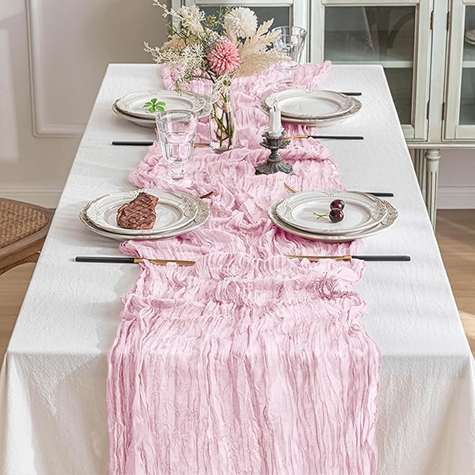 12 Pack Cheesecloth Table Runner 10Ft Christmas Gauze Boho Table Runners for Wedding Decor Bridal Shower Decorations Baby Shower Party(35" x 120")(Blushing Pink)