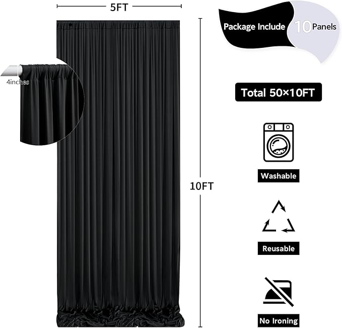 Black Backdrop Curtain Set: 10 Panels, 5 ft x 10 ft Each, Wrinkle-Free