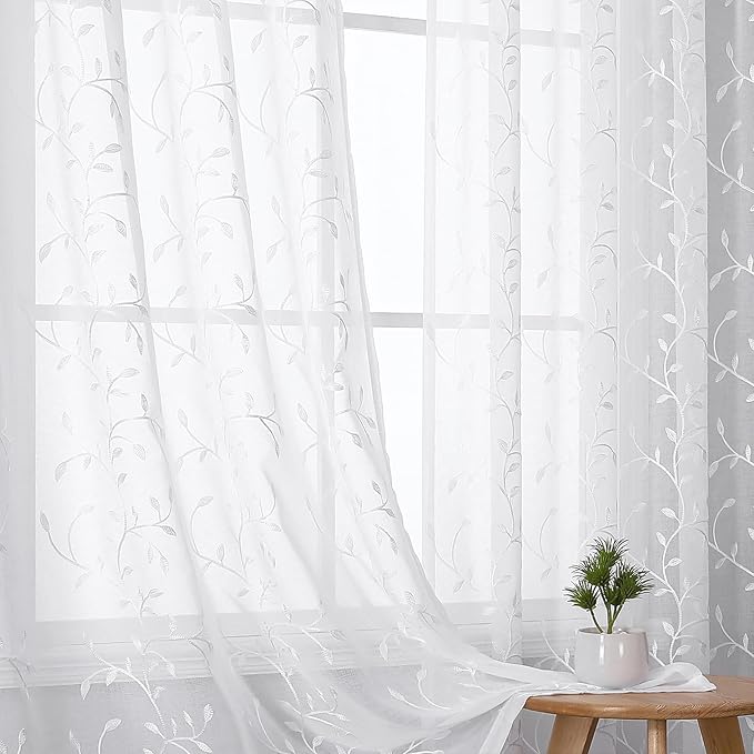 VISIONTEX White Sheer Voile Curtains, Decorative Leaves Embroidery Faux Linen Rod Pocket Window Drapes for Home Kitchen, Living Room and Bedroom 54 x 72 Inch, Set of 2 Curtain Panels