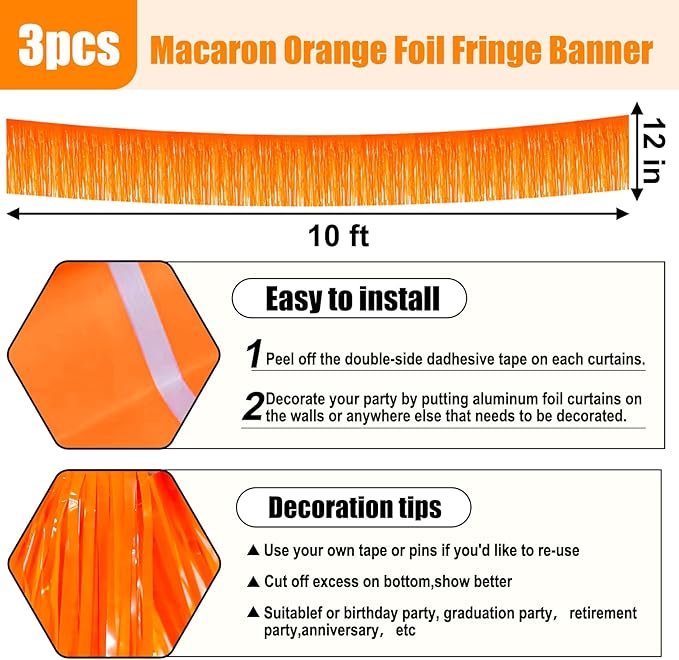 3 Pack 10 Long Macaron Orange Metallic Foil Fringe Garland Wall Hanging Tassle Banner, Mother's Day, Easter, Parade Floats, Birthday, Theme Party, Wedding Party Decorations