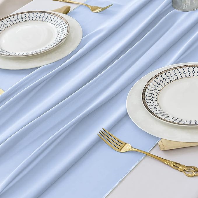 2 Pack 10 Ft Chiffon Table Runner Light Blue Gauze Long Table Runners 27x120 Inches Sheer Tulle Table Runner for Rustic Wedding Reception Bridal Shower Decorations Birthday Party