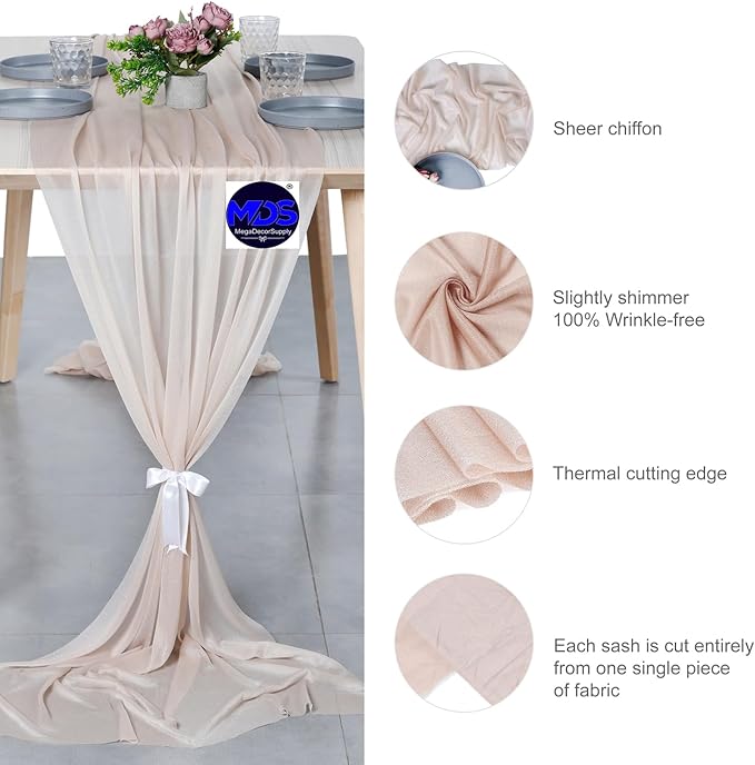 MDS 20 Pack 10ft Chiffon Table Runner 29 x 120 Inches Sheer Wedding Runner Romantic Rustic Table Runner for Wedding Decorations, Birthday Parties, Bridal Shower Party Arch Decor - Nude