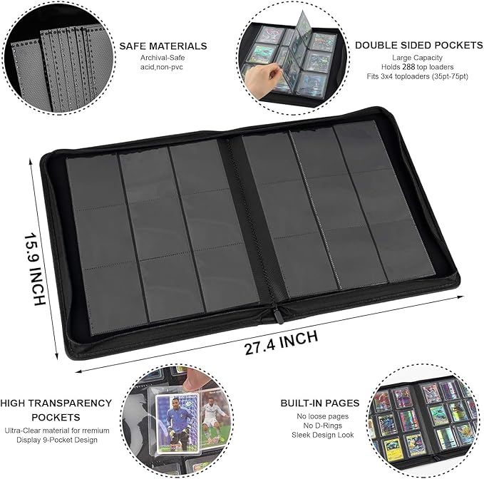 Toploader Binder with 9-Pocket Pages, Holds 288 "3×4" Rigid Toploader Hard Cases, Card Holder for Collectible Cards or Sports Cards, Durable Sleeves for Storage & Display (Grass)
