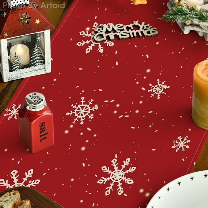 Artoid Mode Red Snowman Snowflake Let it Snow Winter Table Runner, Seasonal Christmas Kitchen Dining Table Decoration for Home Party Decor 13x60 Inch