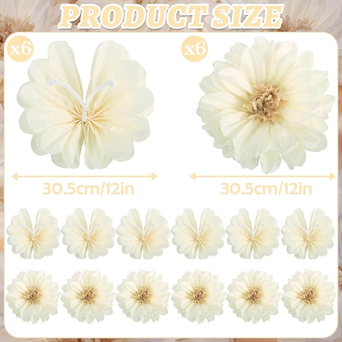 12PCS White Daisy Tissue Paper Pom Poms, Butterfly Birthday Decorations, Butterfly Wedding Wall Decor, Tissue Paper Flower Decoration for Wall Wedding Baby Shower Decor