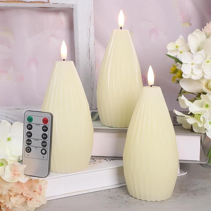Silverstro Irregular Flameless Candles with Remote Control & Timer Function, Real Wax Flicker Battery Operated Candles for Home Party Wedding Nautical Christmas Ocean Decor - Set of 3(Ivory)