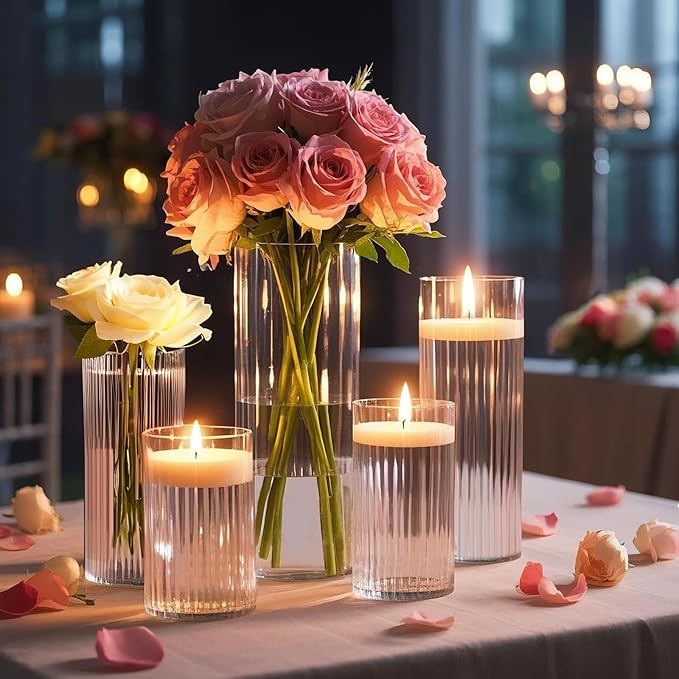 16 Pack Ribbed Glass Cylinder Vases 5.5, 6 Inch Tall Clear Flower Vase Hurricane Floating Candle Holder for Table Centerpiece Wedding Home Decor