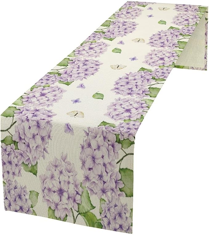 Watercolor Hydrangea Flower Table Runner, Spring Summer Seasonal Plants Butterfly Pink Lavender Dinner Runner for Home Kitchen Dining Table Party Holiday Decoration 13"x70"