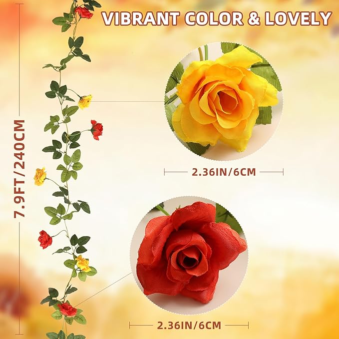 Floweroyal 6 Pack Artificial Flower Garlands 15.8FT Fake Rose Vines Silk Flowers Hanging Rose Ivy for Wedding Arch Party Home Garden Wall Decor (Orange Yellow)