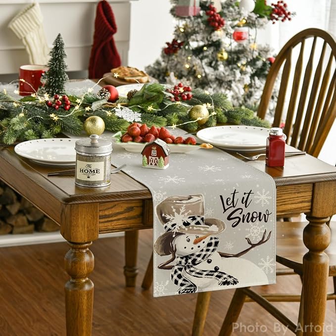Artoid Mode Grey Snowman Snowflake Let it Snow 2PCS Christmas Table Runner, Seasonal Winter Kitchen Dining Table Decor for Home Party 13x72 Inch
