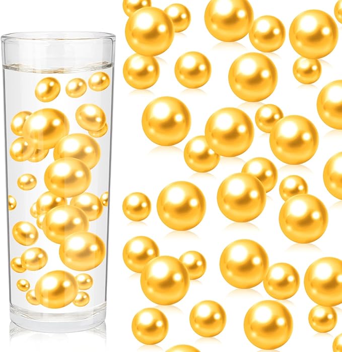 Vase Fillers: 100 No-Hole Golden Faux Pearl Beads in 3 Sizes