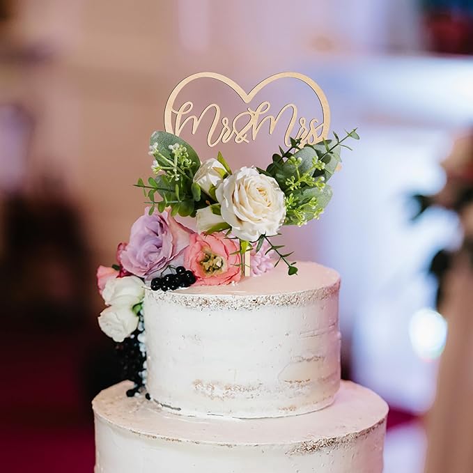 Non-Edible Wood Heart Cake Topper with 3D Flowers, 6.5 x 8.4 Inches