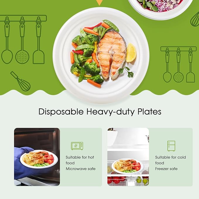 ECOLipak 9 inch 150 Pack Compostable Paper Plates, Heavy Duty Disposable Biodegradable Eco-friendly Sugarcane Bagasse Plates for Party Dinner