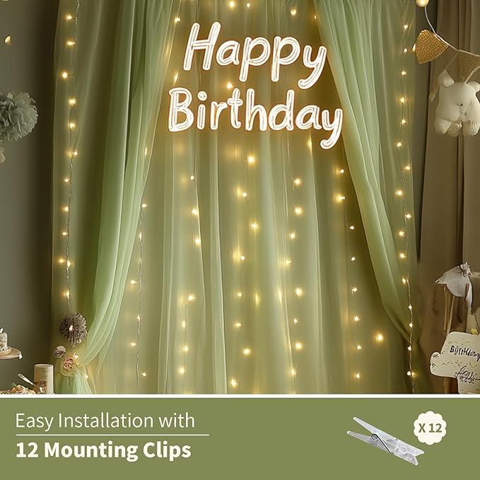 Sage Green Tulle Backdrop Curtain with Lights String - 10x8ft Sheer Backdrop with 250 LEDs for Wedding, Baby Shower, Bridal Shower, Birthday Party Photo Shoot Background and Home Decorations